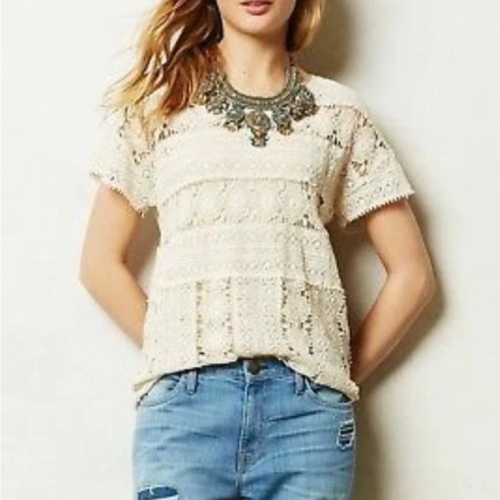 Anthropologie‎ Cream Lace/crochet Top - Size Small Sheer